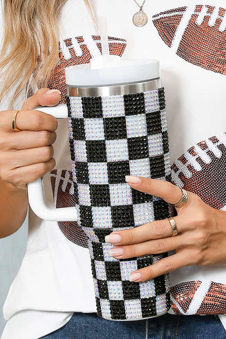 Black Full Rhinestone Checkerboard Handled Tumbler 40oz