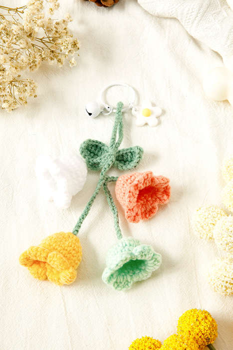 Meadow Mist Green Handmade Crochet Bell Orchid Flower Key Ring Bag Pendant