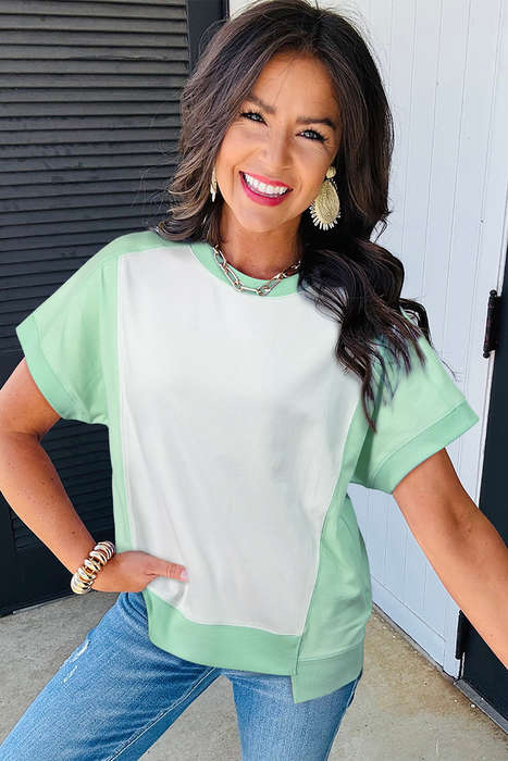Light Green Color Block Exposed Seam Crew Neck T Shirt