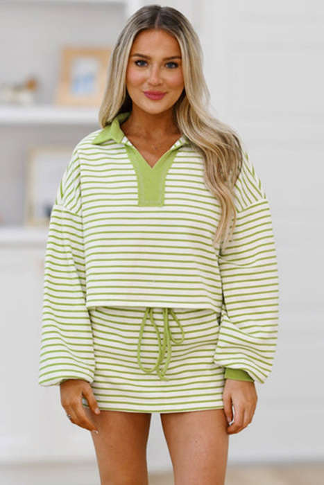 Green Stripe Collared V Neck Drop Shoulder Pullover and Skort 2pcs Outfit