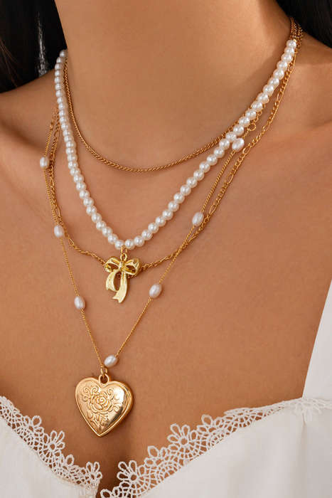 Gold Plated Bow Heart Pendant Pearl Beading Multilayer Necklace