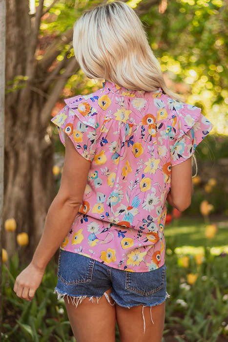 Pink Flutter Sleeve V Neck Floral Top