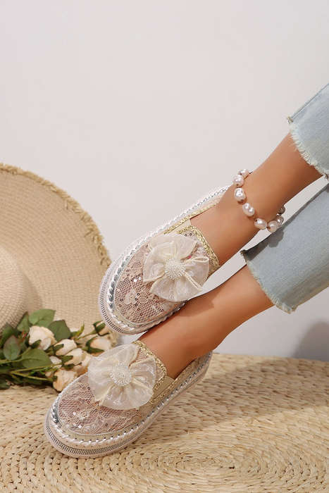White Glossy Bow Decor Breathable Lace Loafer Shoes