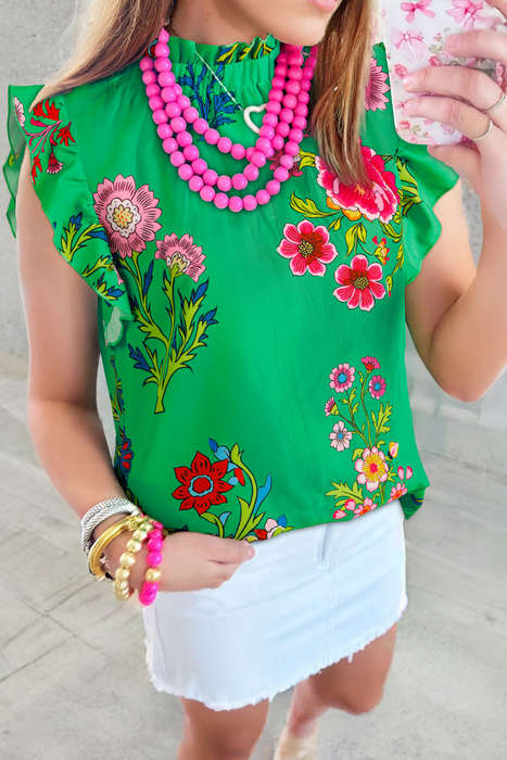 Green Floral Print Flutter Sleeve Frilly Neck Blouse