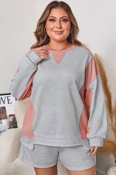 Light Grey Uneven Hem Colorblock Pullover Casual Shorts Plus Size 2pcs Outfit