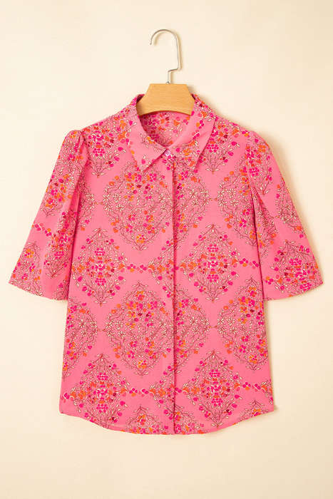 Rose Red Floral Print Wide Short Sleeve Loose Shirt