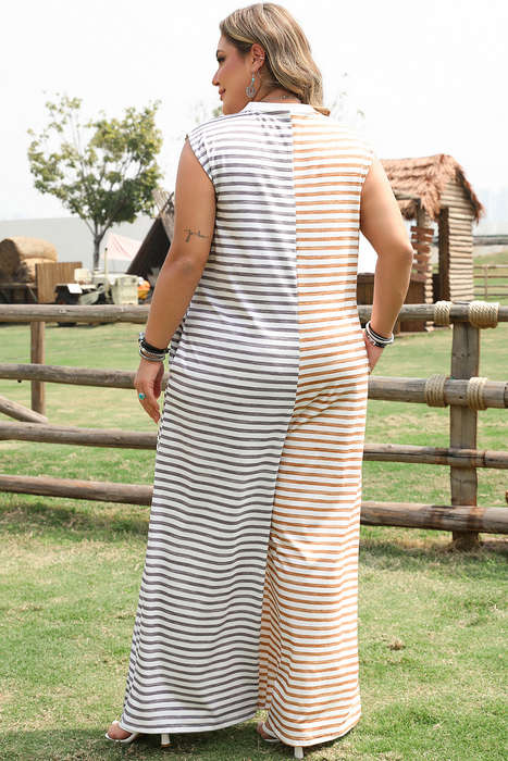 Gray Stripe Plus Size Color Block Buttoned Sleeveless Wide Leg Jumpsuit