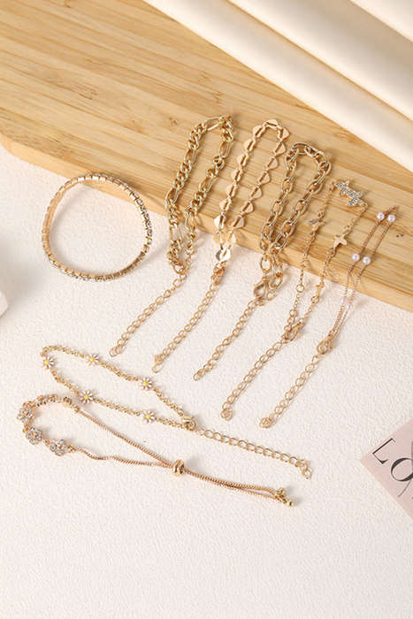 Gold Rhinestone Decor Butterfly Flower Multi Layer Bracelet Set