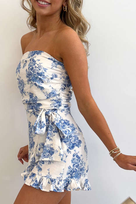Sky Blue Floral Print Strapless Zipped Back Knot Waist Ruffled Romper