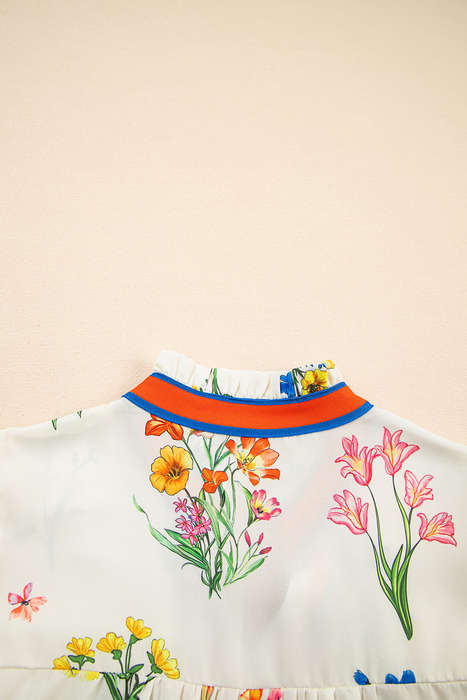 White Floral Short Puff Sleeve Contrast V Neck Print Blouse