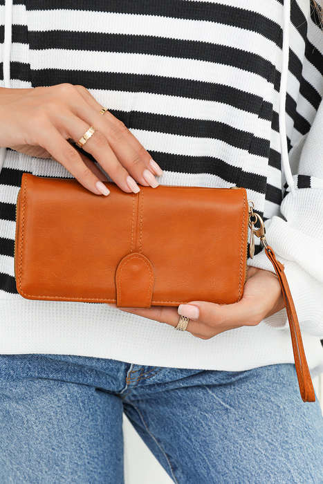 Cinnamon Faux Leather Zip Around Wrist Strap Long Wallet