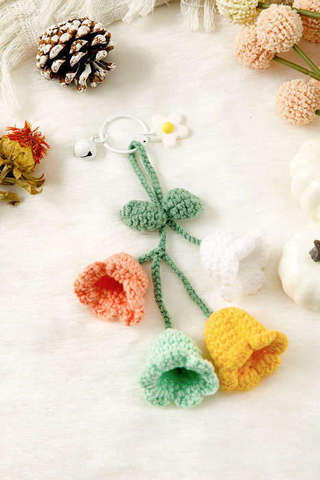 Meadow Mist Green Handmade Crochet Bell Orchid Flower Key Ring Bag Pendant