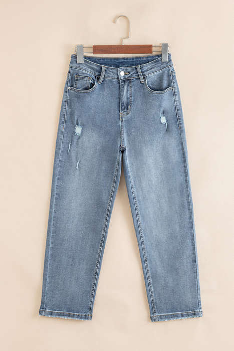 Beau Blue Slightly Distressed Ankle-length Straight Jeans