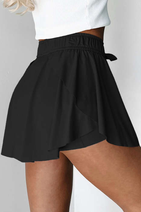 Black Drawstring Elastic Waistband Lined Tennis Skorts