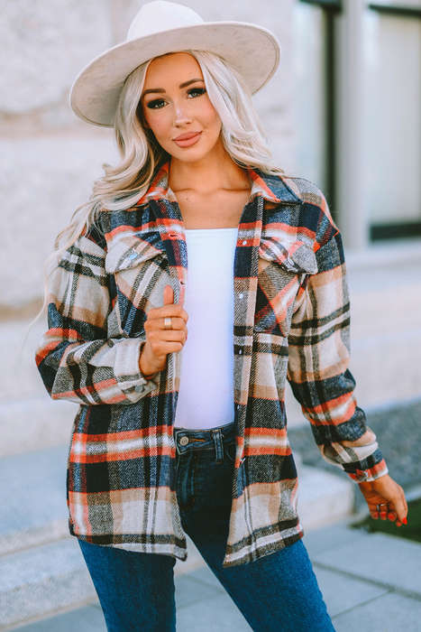 Khaki Geometric Plaid Print Pocketed Shacket