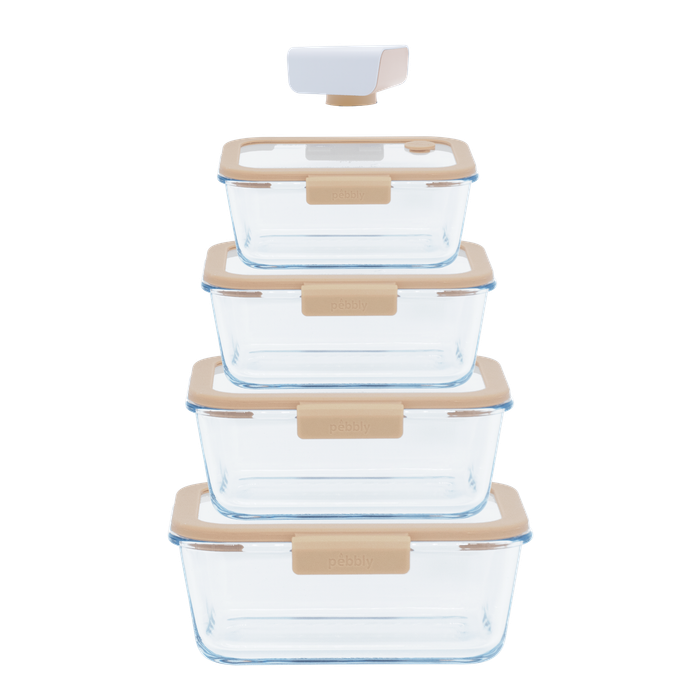 Pebbly 5 Piece Set: 4 Rectangular Glass Storage Boxes & Air Vacuum Pump