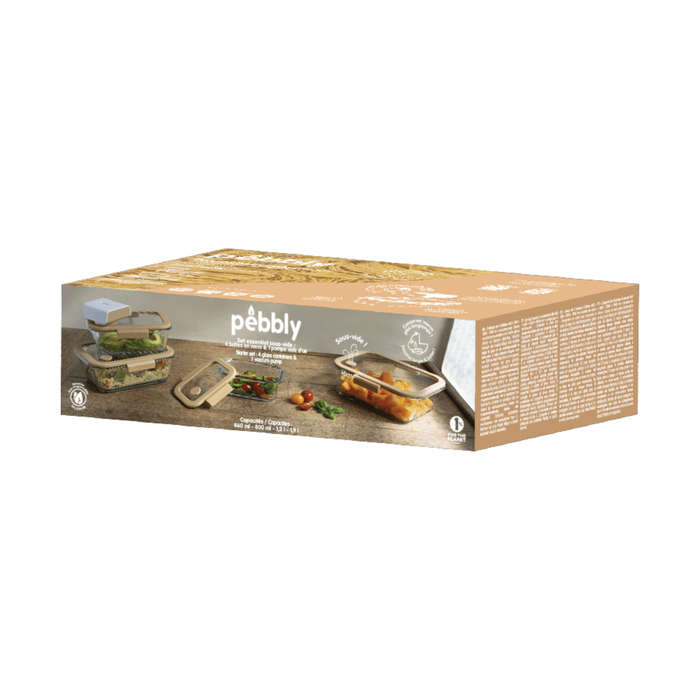 Pebbly 5 Piece Set: 4 Rectangular Glass Storage Boxes & Air Vacuum Pump