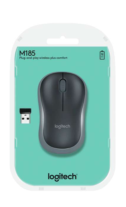 Logitech Wireless Mouse M185 (Black & Swift Grey) Nano USB receiver 3 buttons optical tracking wi...