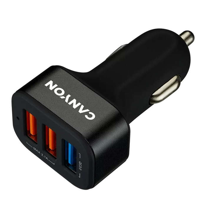 CANYON C-07 Car Charger  3-Port USB-A, QC 3.0 Fast Charging, 2.4A Output, Black