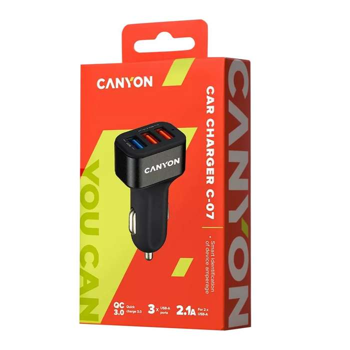 CANYON C-07 Car Charger  3-Port USB-A, QC 3.0 Fast Charging, 2.4A Output, Black