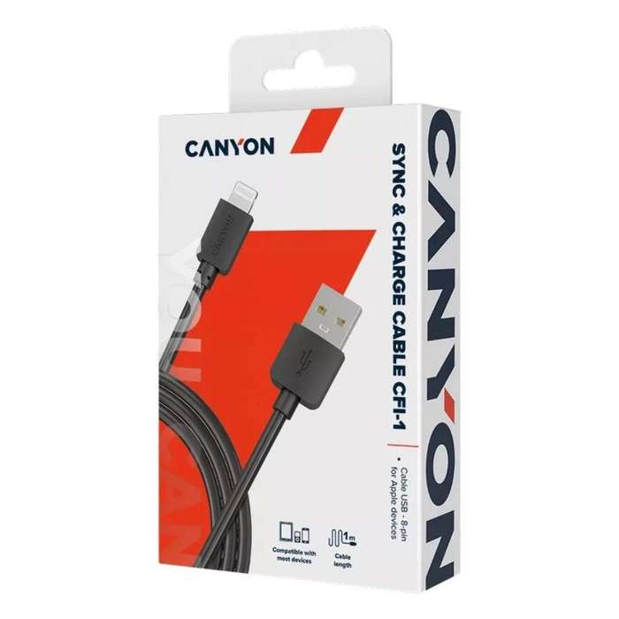 Canyon 8-Pin Lightning Sync & Charge Cable  Black, 1m  Fast Charging for iPhone & iPad