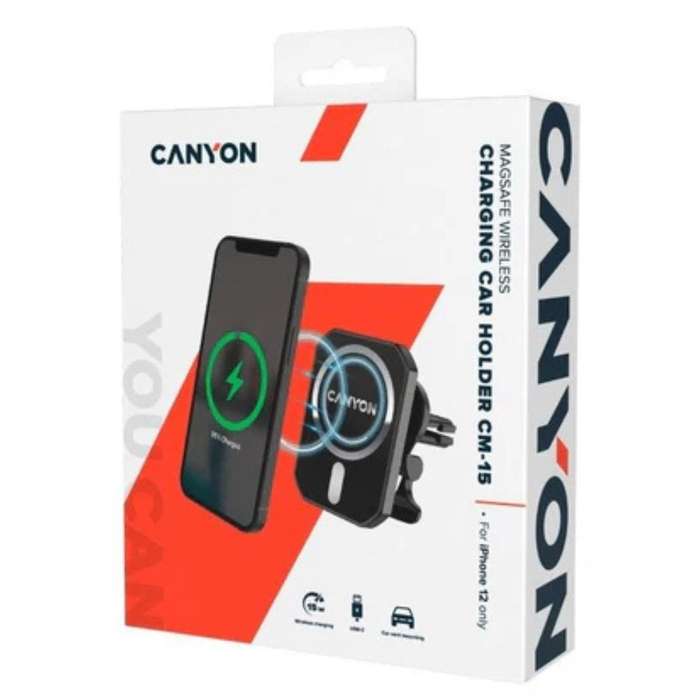 Canyon CM-15 Magnetic Car Holder with Wireless Charging  For iPhone 12/13, 15W, Black (CNE-CCA...