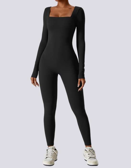 Square Neck Long Sleeve Jumpsuit in Black