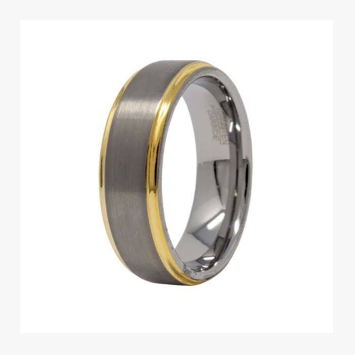 Grey Tungsten Carbide Ring with Gold Beveled Edge