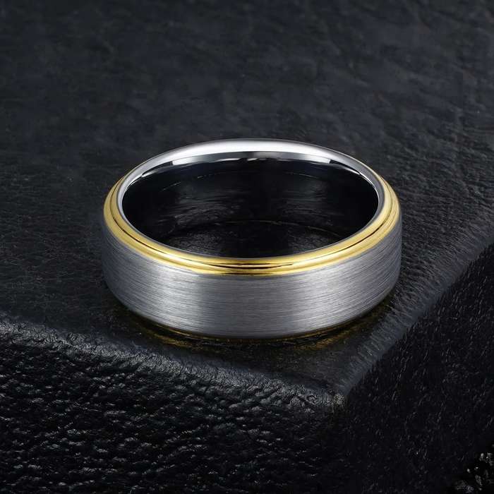 Grey Tungsten Carbide Ring with Gold Beveled Edge