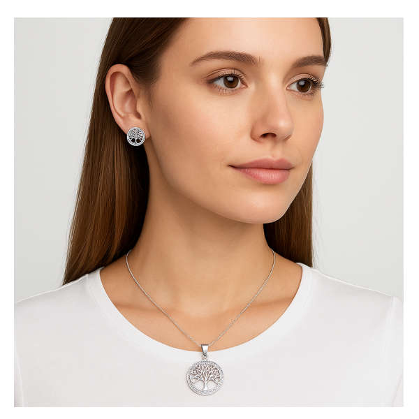 S925 Sterling Silver Tree of Life Earrings & Pendant Set A with Zirconia