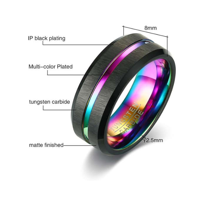 Rainbow Inner and Line Black Tungsten Carbide Ring