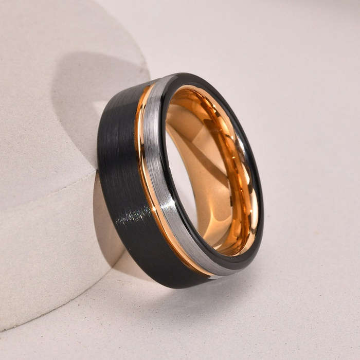 Black with Polished Rose Gold & Silver Groove Tungsten Ring