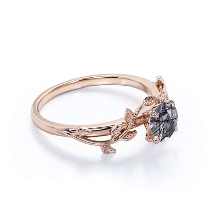 S925 Black Rutilated Quartz Leaf Solitaire in Rose Gold