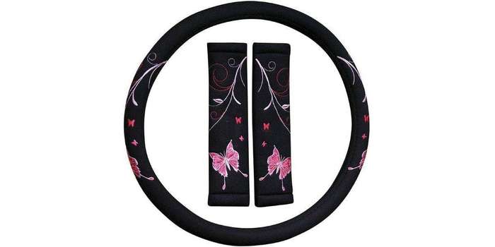 Autogear Steering Wheel Cover & S/Belt Comforter Set Pink Butterfly - 3 Pieces