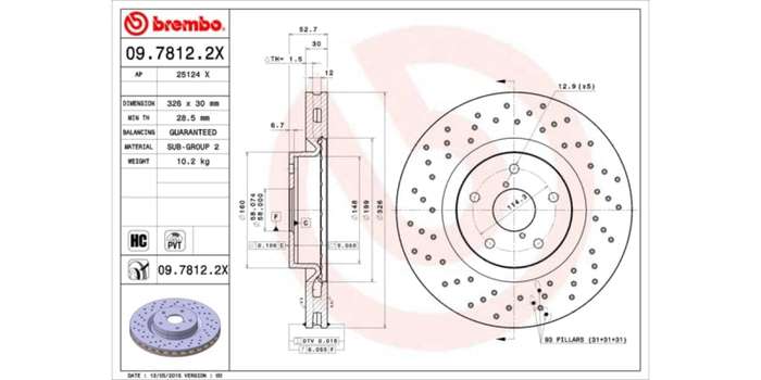 Brake Disc Front (1 In Box) Drilled Subaru Impreza (Brembo 0978122X)