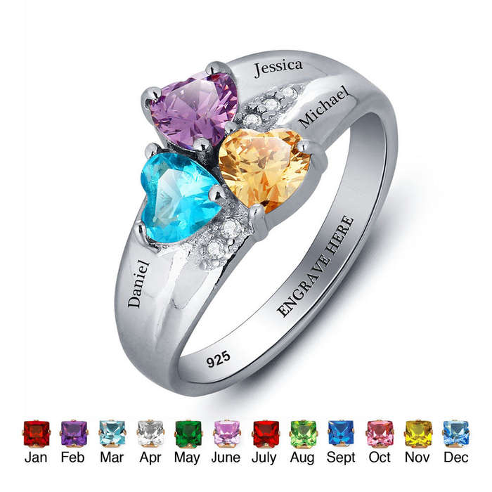 Personalized Solid Silver Ring, Chunky 3 name design with Choice of Birthstones color - US 6