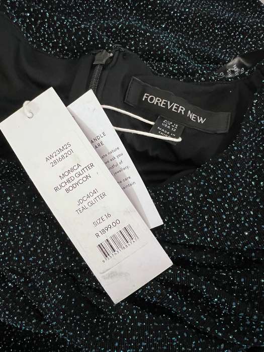 Forever New Monica Ruched Teal Glitter Bodycon - Size 16