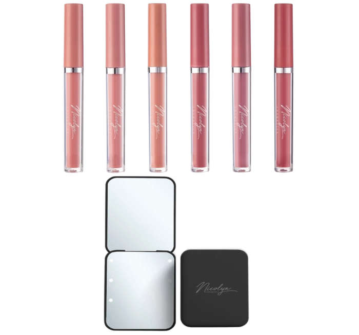 Nicolyn Matte Liquid Lipstick set with Pocket Makeup Mirror:Lighter Colors