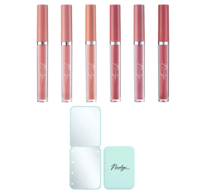 Nicolyn Matte Liquid Lipstick set with Pocket Makeup Mirror:Lighter Colors