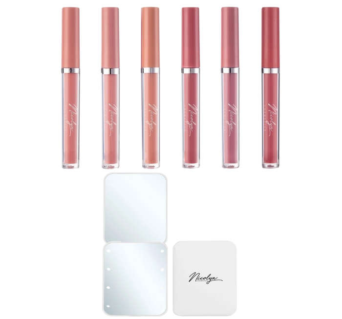 Nicolyn Matte Liquid Lipstick set with Pocket Makeup Mirror:Lighter Colors