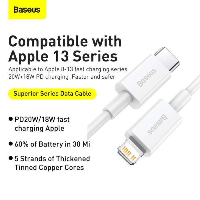 Baseus Superior Series Fast Charging Data Cable Type C to iOS PD 20W 1.5M White
