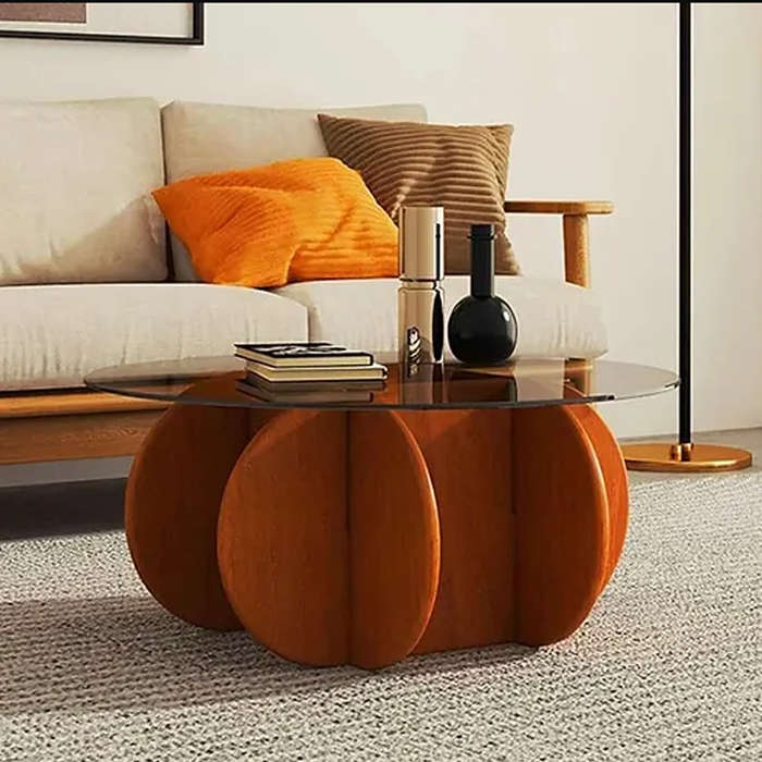 2-in-1 Modern Glass Round Coffee Table With Wood Base