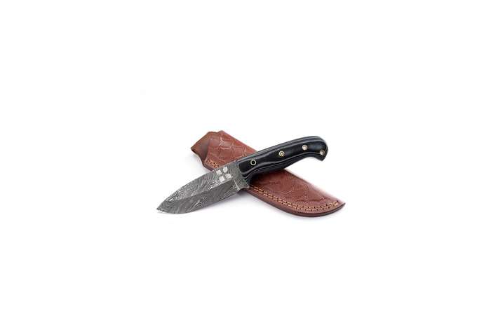 Damascus Hunting knife, Gray White Micarta  Scale handle, Mosaic pin,  Lanyard brass pipe.