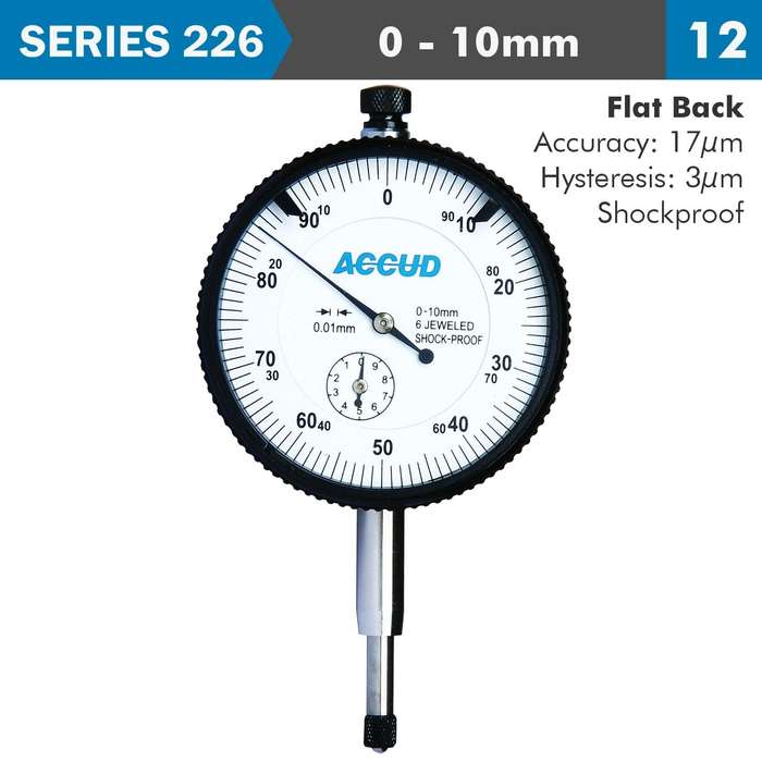 Accud Shockproof Dial Indicator Flat Back 10 Mm