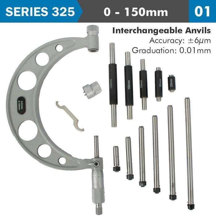 Accud Outside Micrometer 150 Mm 0.004 Mm Acc. 0.01 Mm Grad. With Interch. Anvil