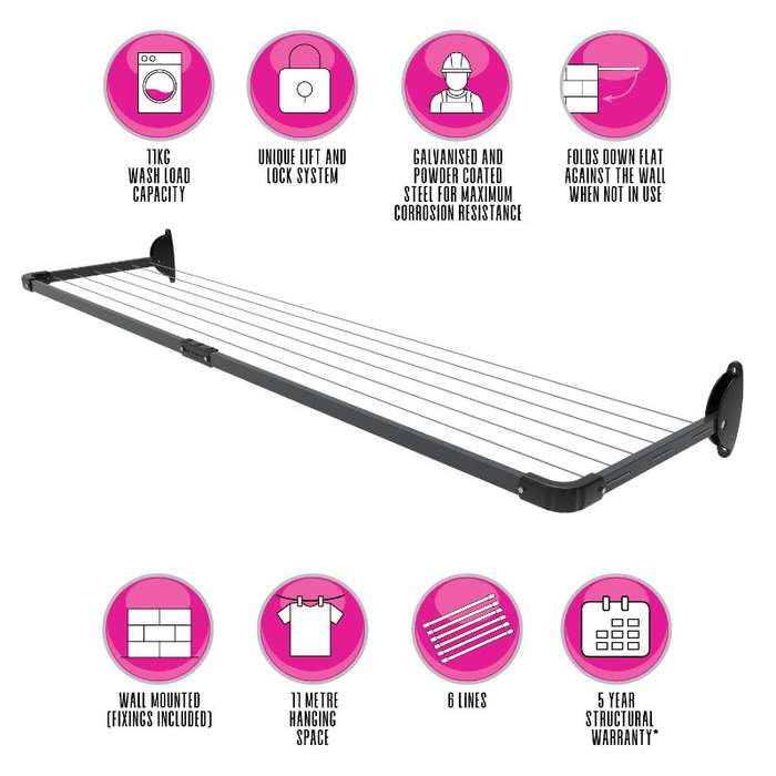 5 Line Slim Fold Down Wall Mounted Clothesline 11 M