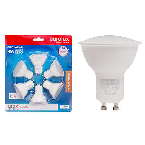 ***Gu10 Classic Frosted Lens 3w Led 3000 K 6 Pack N