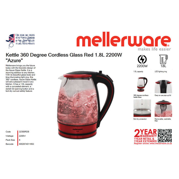 Mellerware Kettle Glass 1.8 L 2200 W 360 D Cordl Red