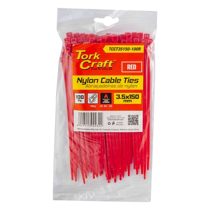 Nylon Cable Ties 3.5 Mm X 150 Mm Red 100 Pc