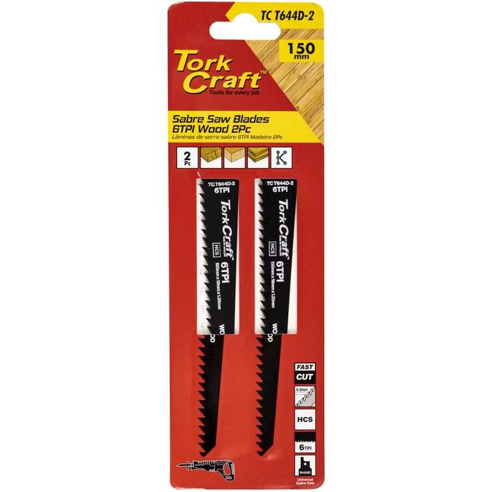Sabre Saw Blade 150 X 4.3 Mm 6 Tpi Wood 2 Pc